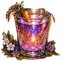 A glowing purple cocktail with a carrot garnish